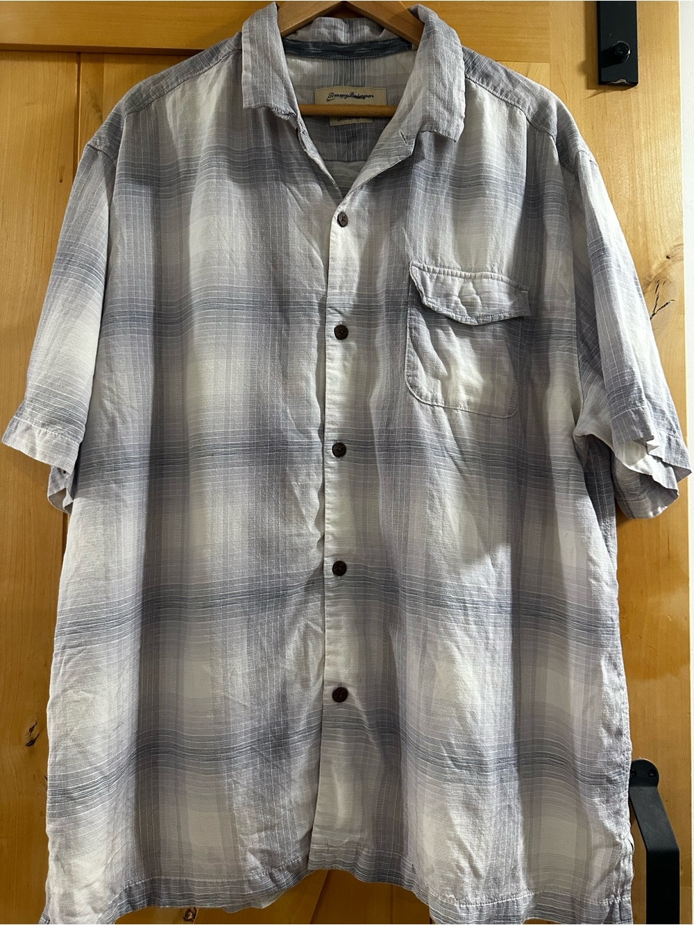 Tommy Bahama Light Gray and White Plaid Short-Sleeve Button Shirt